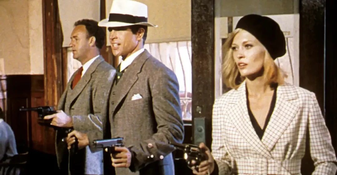 Gene Hackman, Warren Beatty, Faye Dunaway en uno de los atracos