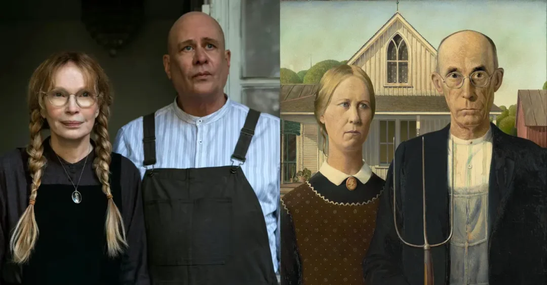 Mía Farrow y Terry Kinney en El vigilante caracterizados como los personajes del cuadro Gótico Estadounidense.