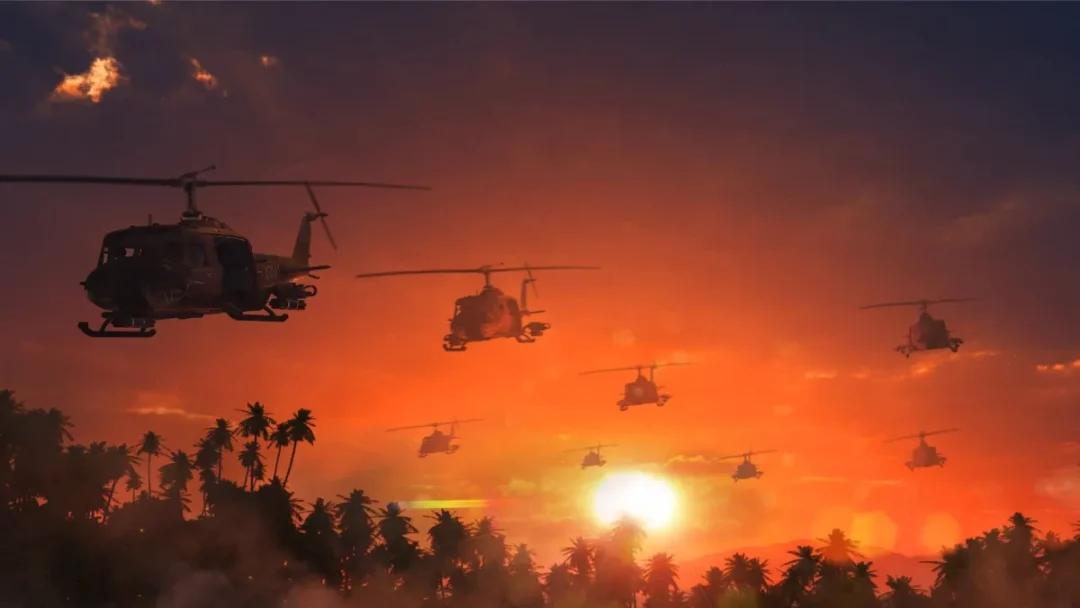 Imagen de los helicópteros sobrevolando el cielo en Apocalypse Now